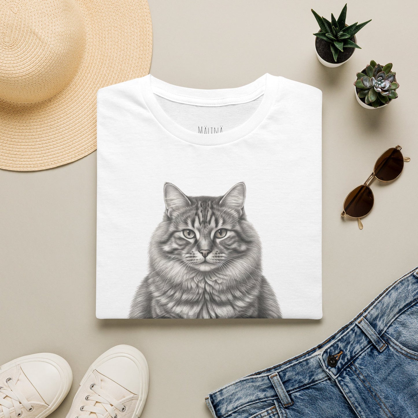 Fat Tabby Cat Pencil Drawn Shirt